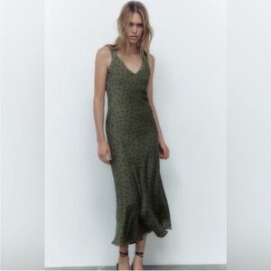 NWT Zara Olive Green Polka Dot Low-Cut Maxi Satin Dress Sz XS